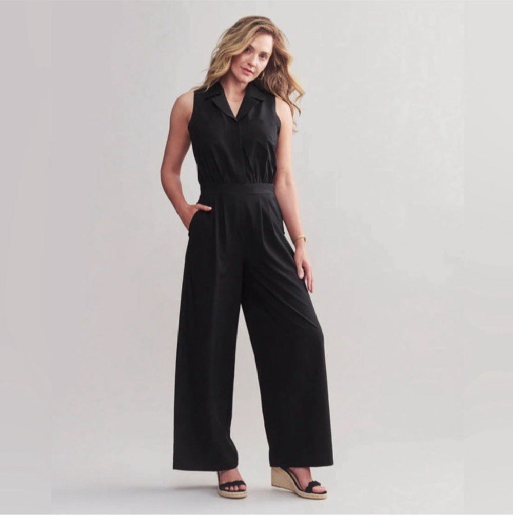 RHONE Jumpsuit Womens Size 14 Black Mirage One Piece Wide Leg Commuter Travel